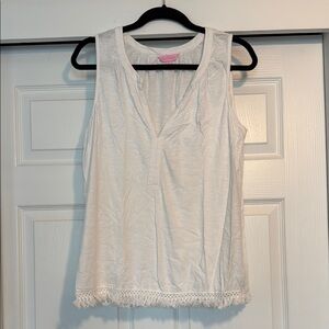 Lilly Pulitzer White Tank Top with Fringe Hem and Textured Fabric